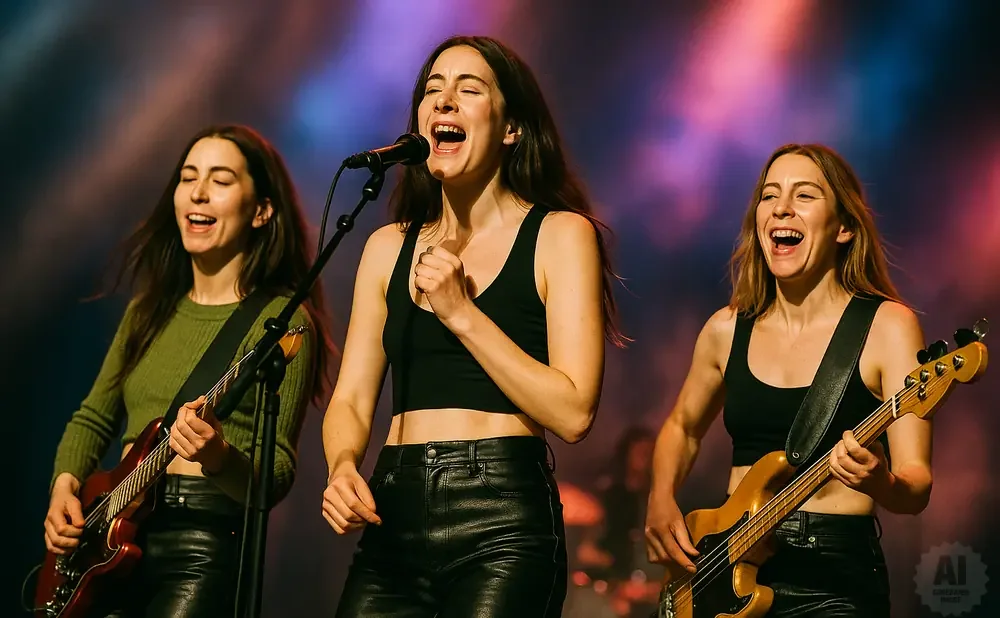 Three women playing instruments on stage.