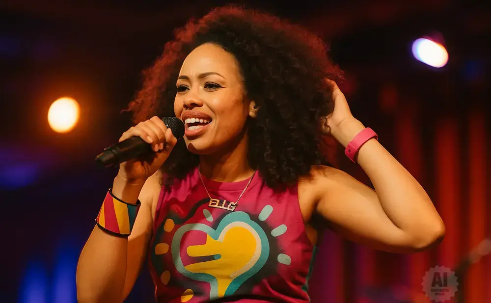 A Black woman with an afro sings into a microphone on stage, wearing a pink top with a colorful heart design.
