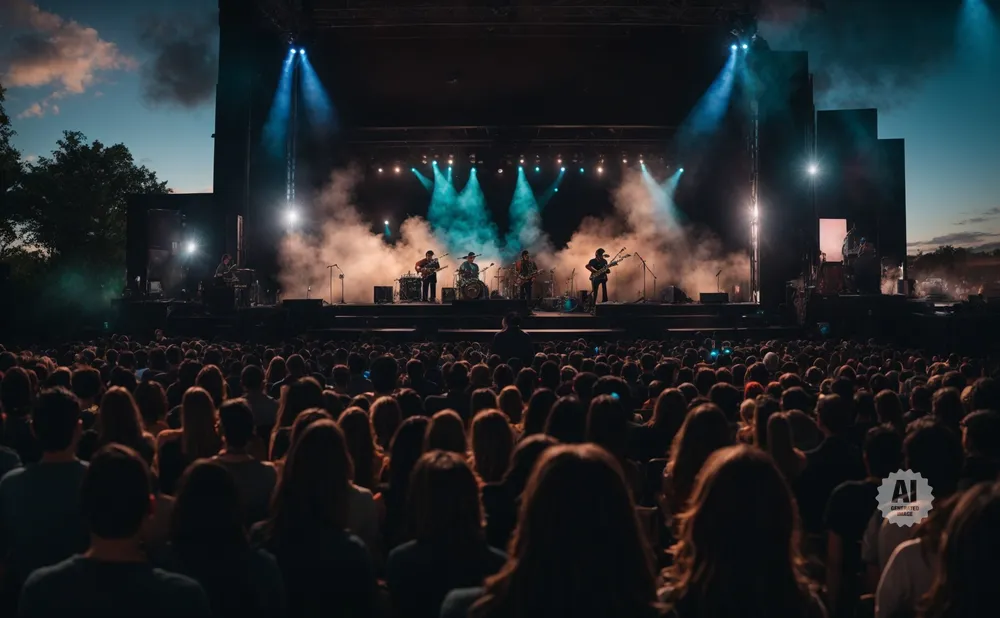 A band performs on a smoky stage to a large crowd at dusk.