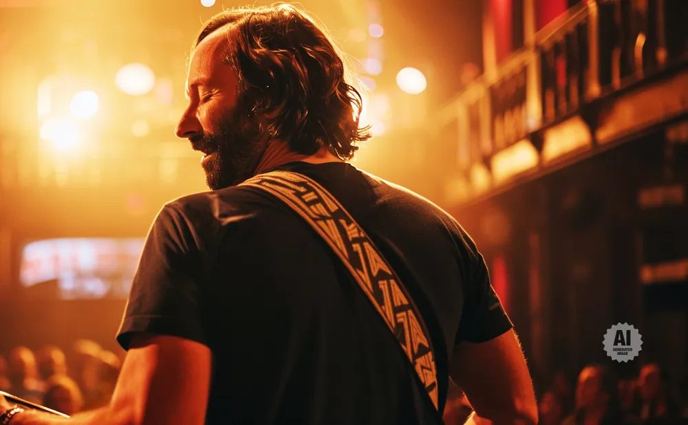 A man with a beard and long hair, seen from behind, plays guitar on a stage lit by warm lights.