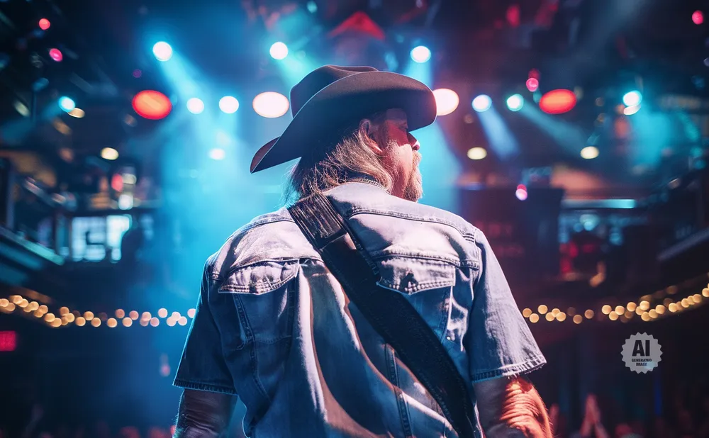 Musician in a cowboy hat and denim jacket on stage, bathed in blue and pink stage lights.