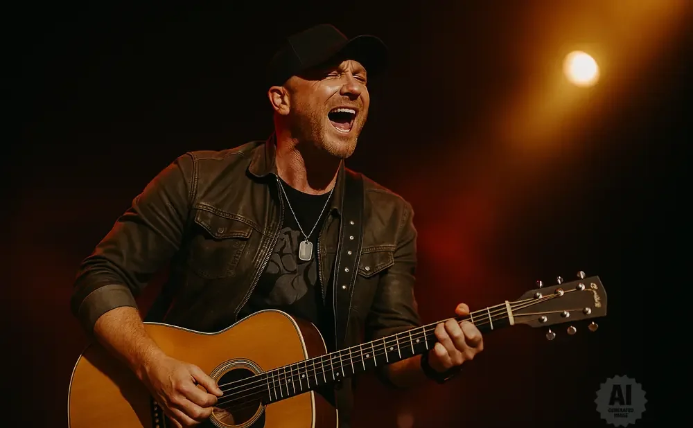 A man in a black cap and leather jacket sings and plays an acoustic guitar on stage, illuminated by warm stage lights.