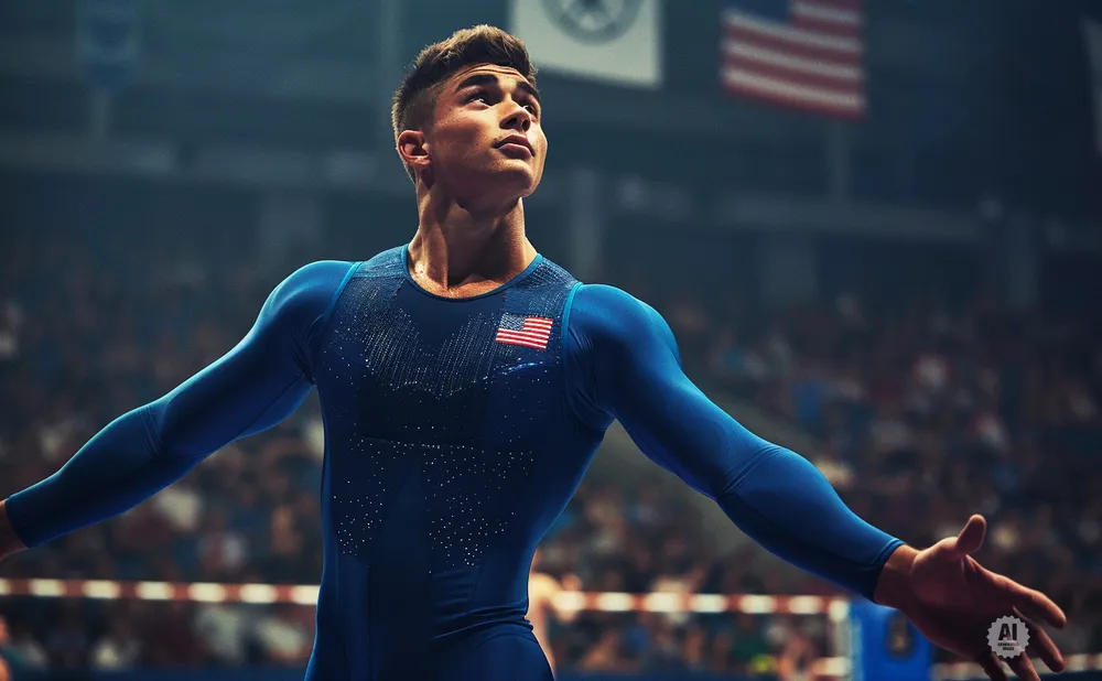 Male gymnast in a blue leotard with the US flag on his chest, with arms outstretched in a stadium.