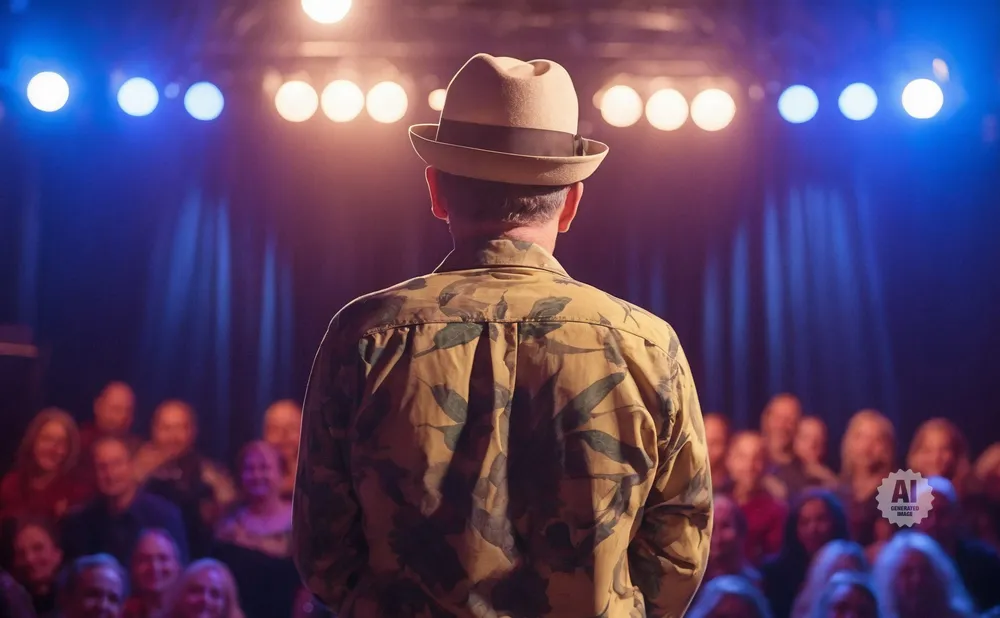 A person in a fedora and patterned shirt stands on a stage, facing a blurred audience.