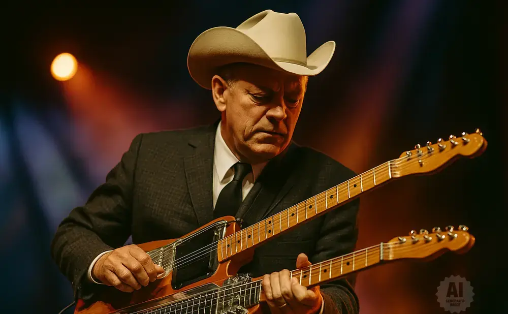 Man in a cowboy hat and suit plays a double-neck guitar on a dimly lit stage.