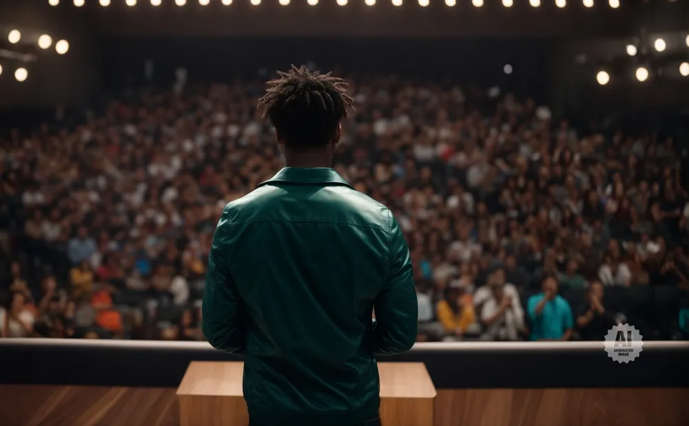 Back view of a Black man in a green jacket speaking to a large, blurred audience in an auditorium.