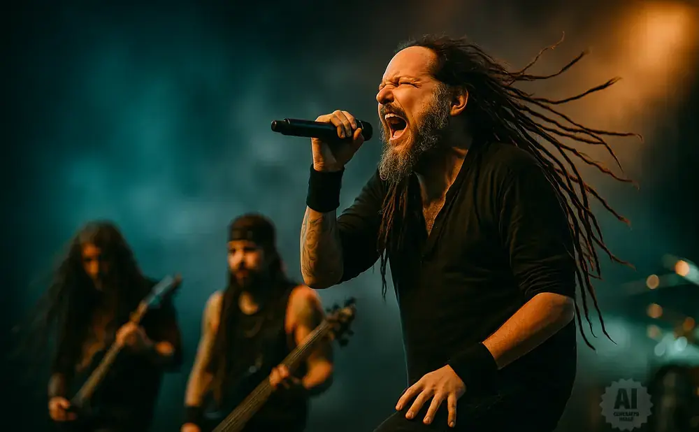 Jonathan Davis of Korn performing live, singing into a microphone with his eyes closed and dreadlocks flying.