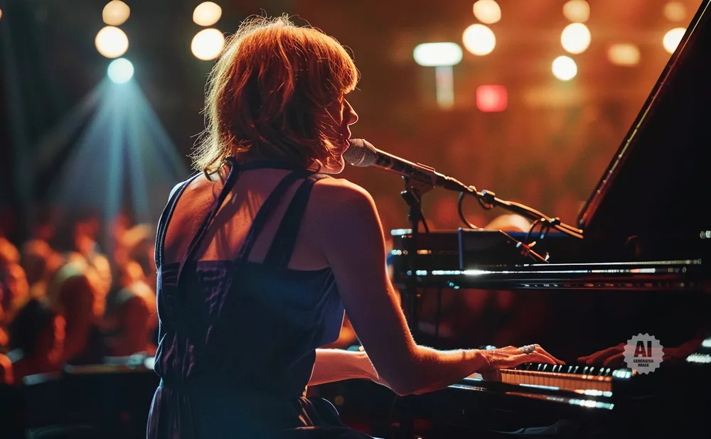 A woman plays piano and sings into a microphone on a stage with a spotlight and audience.