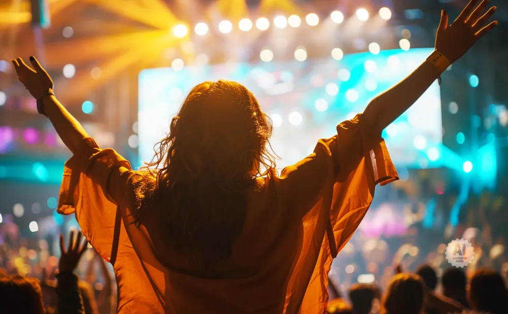 Person with arms raised in a crowd at a concert, silhouetted against bright stage lights.