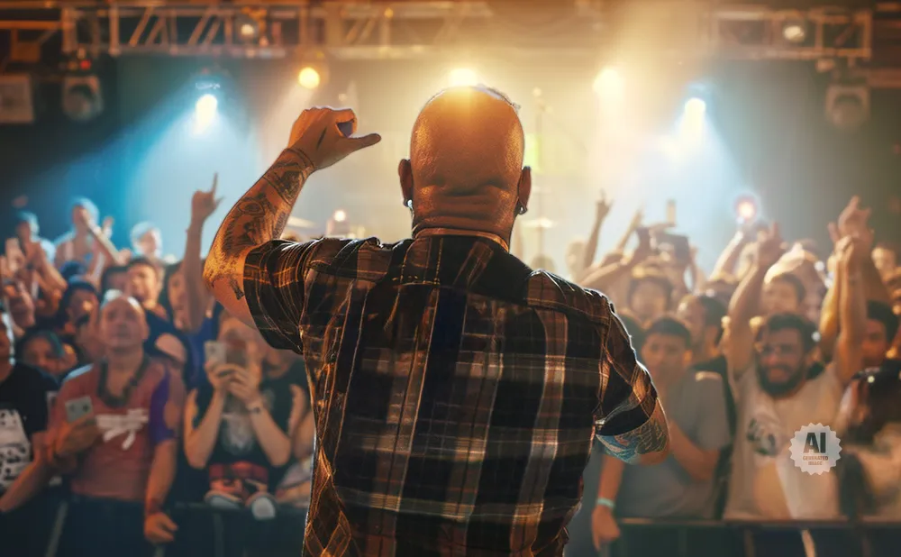 A bald man in a plaid shirt, facing away, performs for a cheering crowd at a concert, silhouetted against bright stage lights.