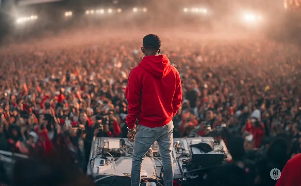 A performer in a red hoodie on stage, facing a massive, cheering crowd at a concert.