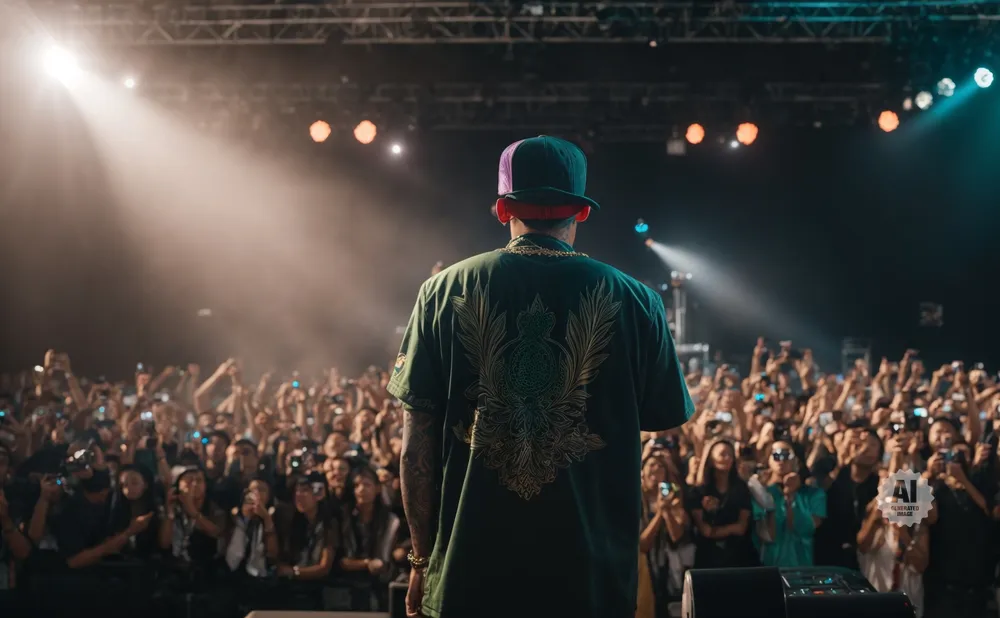 A performer with a patterned shirt and baseball cap stands on stage facing a large, cheering crowd at a concert.