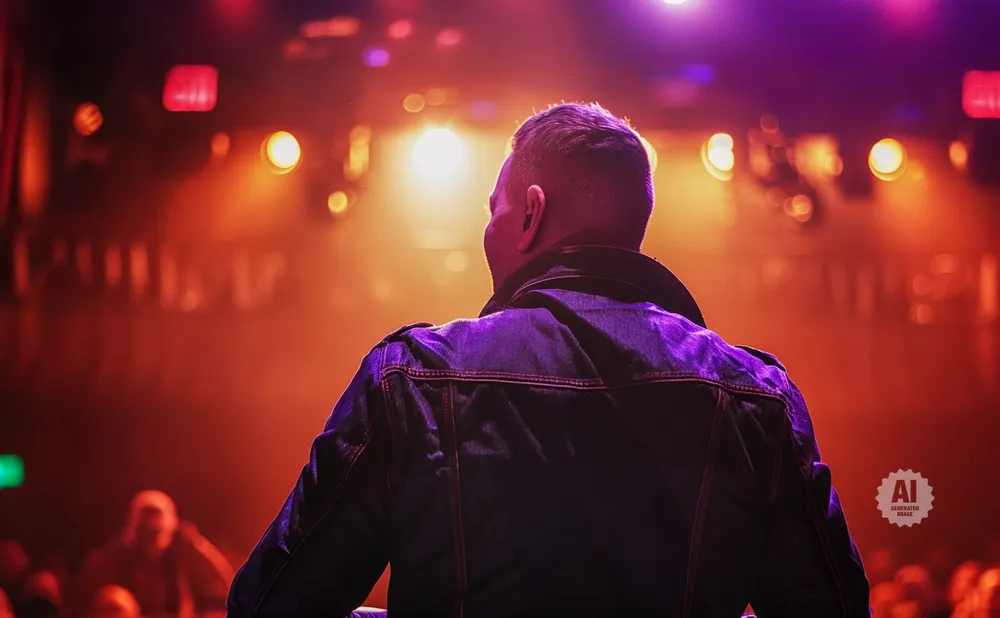 A man in a denim jacket stands with his back to the camera on a stage, bathed in red and purple stage lights.