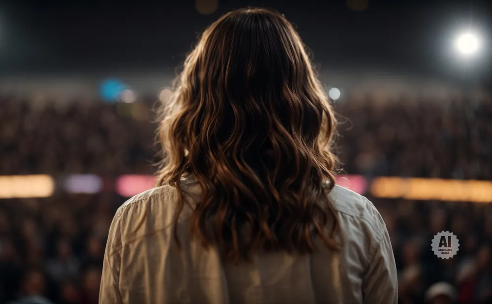 Back view of a person with wavy brown hair speaking to a large, blurry audience in a concert hall.