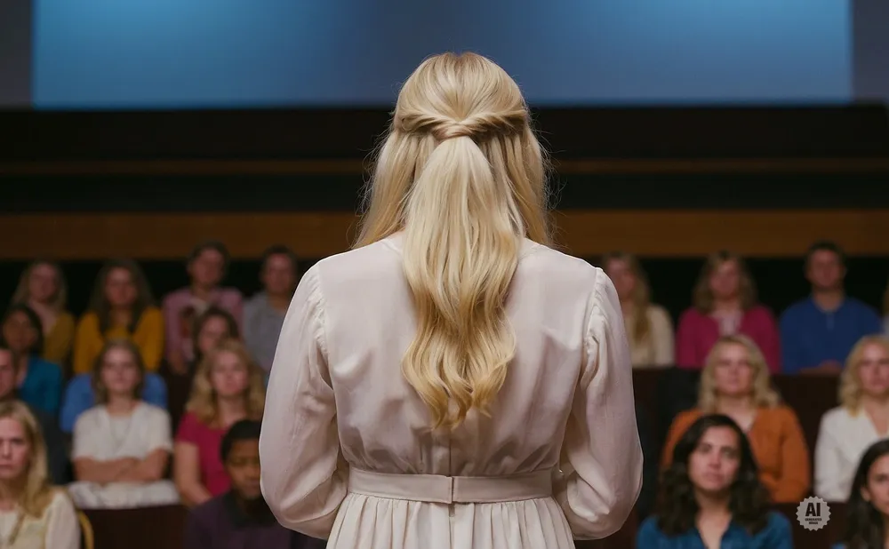 A woman with blonde hair in a ponytail stands with her back to the camera, facing an audience.