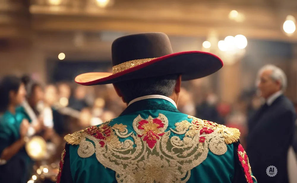 Man in ornate teal jacket and sombrero with gold trim, facing away from camera in a dimly lit room.