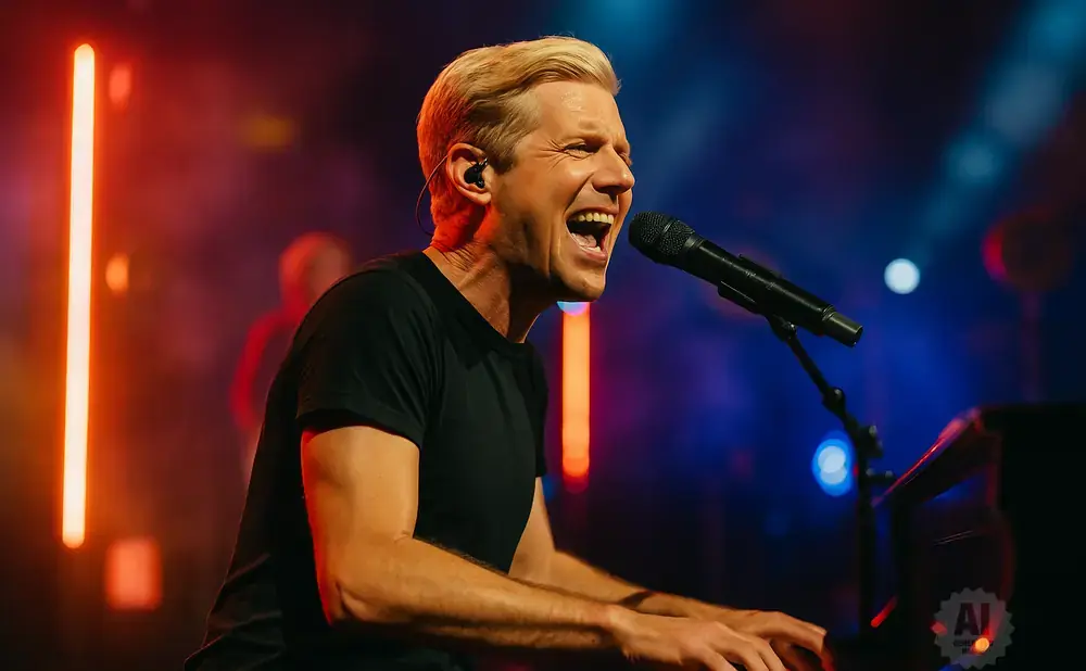 A blonde male singer plays piano and sings into a microphone on a stage with red and blue lights.