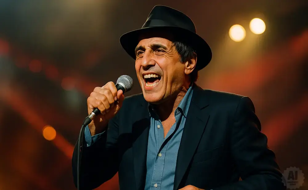 Man in a black fedora and suit sings into a microphone with a wide grin.