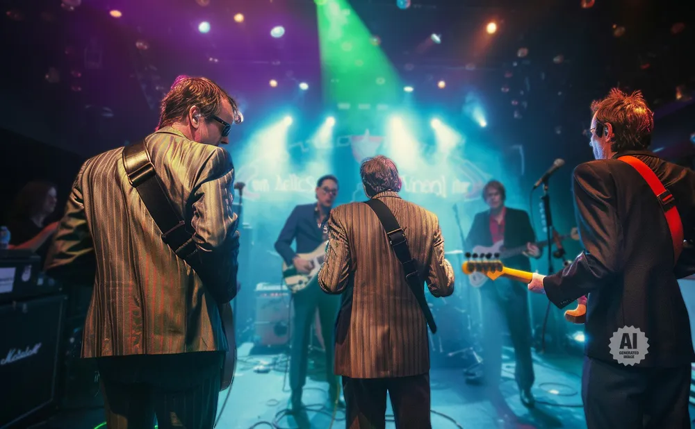 Band on stage playing guitars with stage lights and fog.