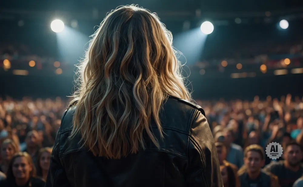 Back view of a woman with wavy blonde hair in a leather jacket, facing a cheering crowd under spotlights.