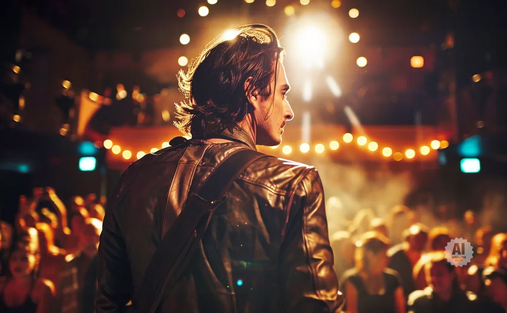 Guitarist in leather jacket on stage with audience and festive lights.