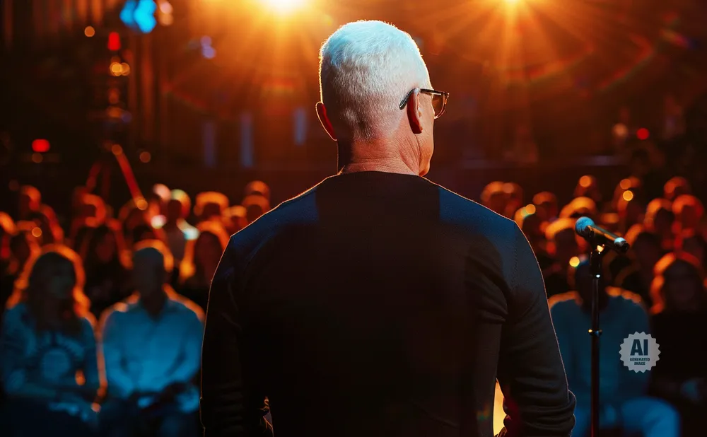 Man with white hair and glasses on stage addresses an audience in a dimly lit venue with warm lighting.