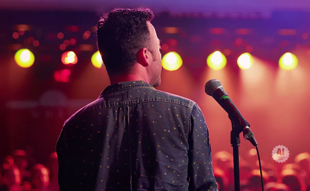 Man on stage facing away from camera, speaking into a microphone with colorful lights in the background.