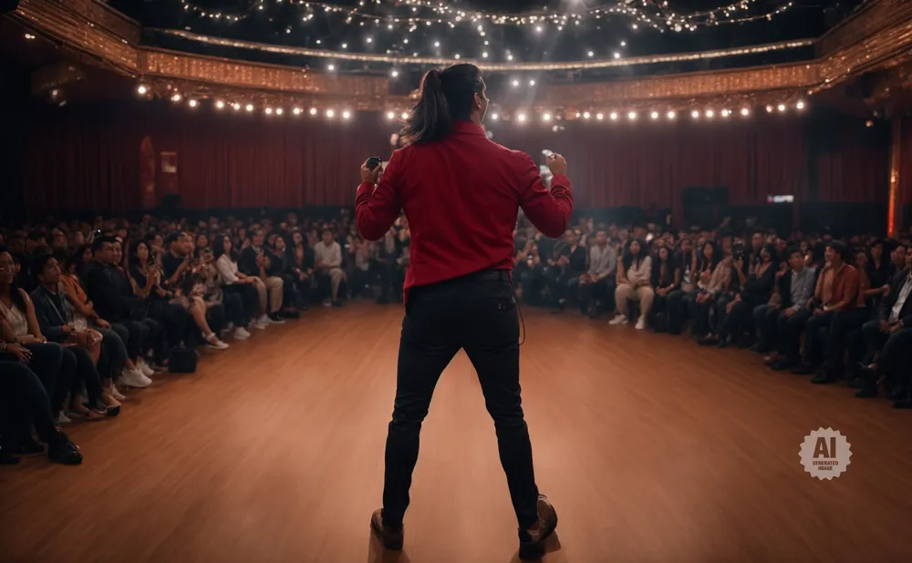 A man in a red shirt and black pants stands on a stage addressing a seated audience.