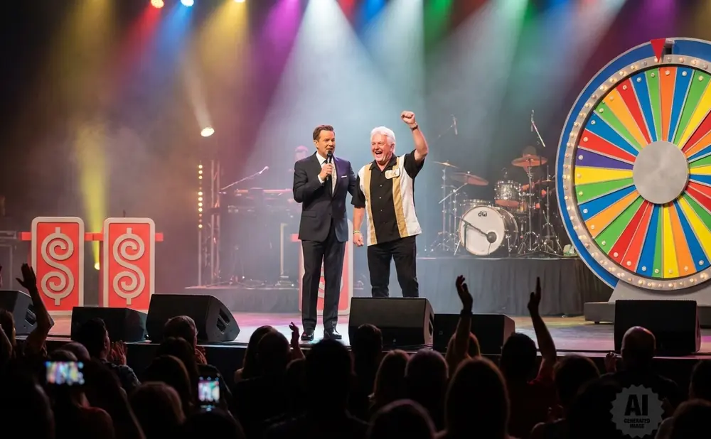 The Price is Right host Drew Carey and a contestant celebrate on stage with a colorful prize wheel behind them.