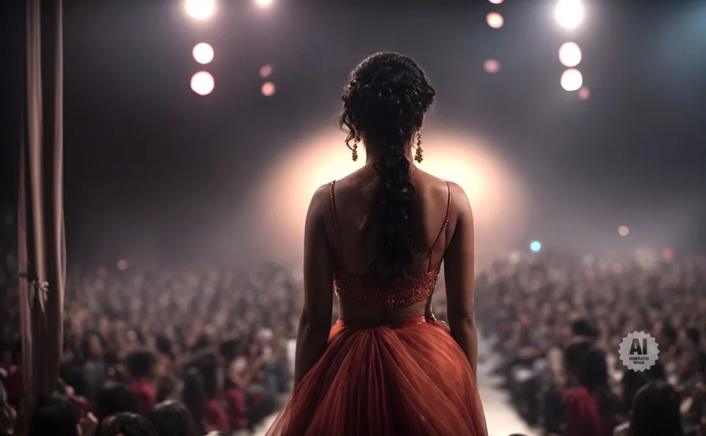 A woman in a red dress stands on a stage, facing a crowd.