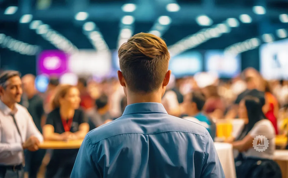Man in blue shirt faces away from camera, addressing a blurred audience at an event.