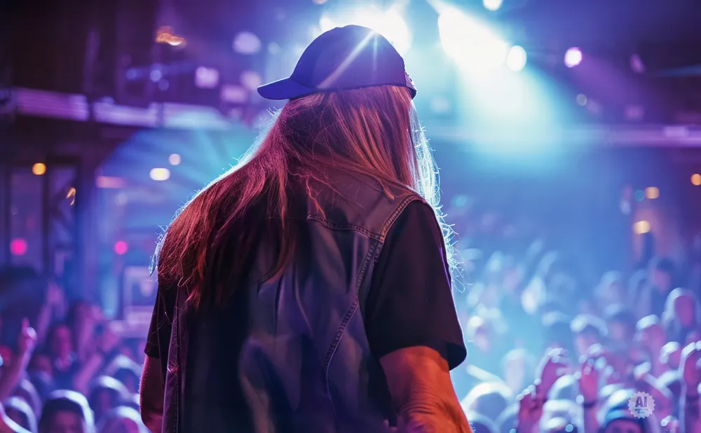Person in a baseball cap and vest on stage at a concert with purple and blue lights and a crowd.