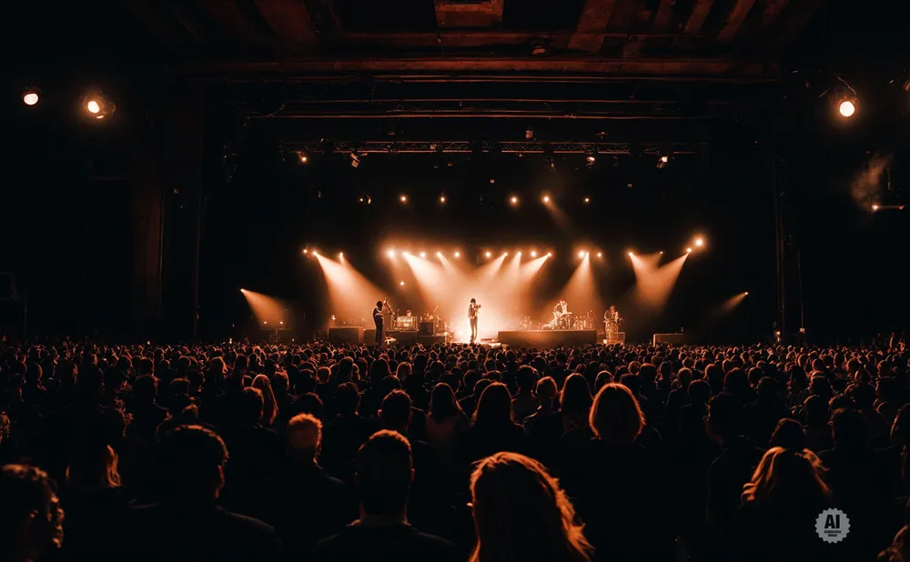 A band performs on a brightly lit stage to a large, dark crowd at a concert.