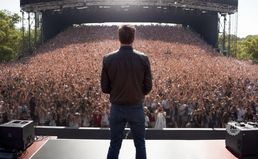 Man in black jacket and jeans stands on stage facing a massive crowd at an outdoor concert.