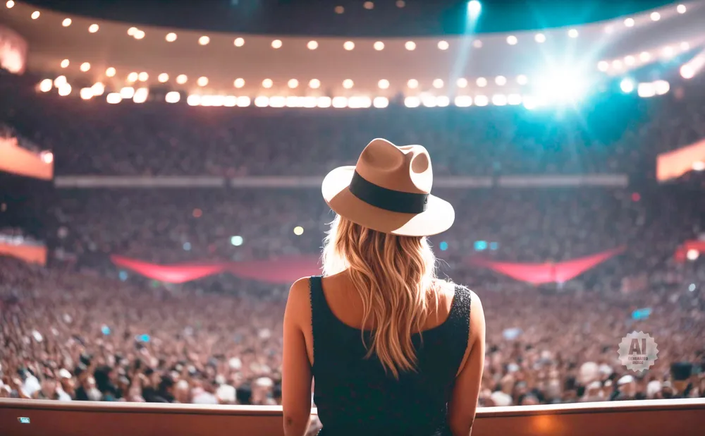 A woman in a hat facing a large, lit-up crowd at a concert.