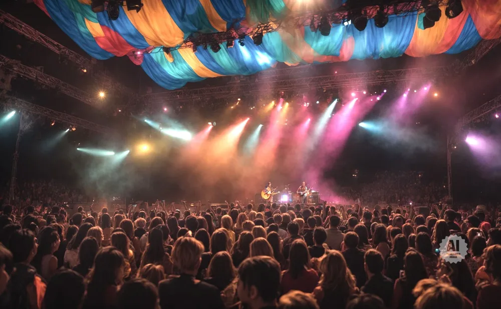 A band performs on a stage lit by colorful lights, in front of a large crowd at an outdoor concert.
