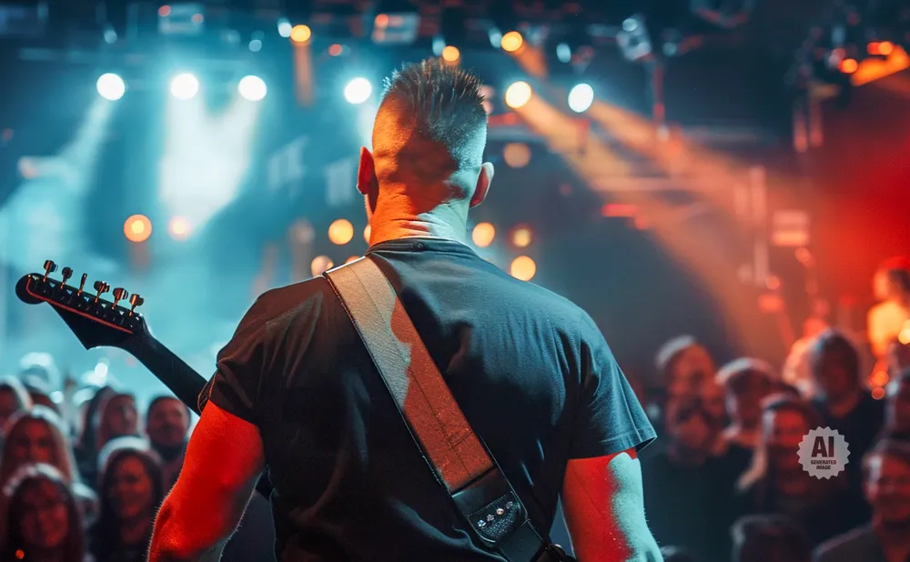Guitarist on stage with the audience in the background, illuminated by stage lights.