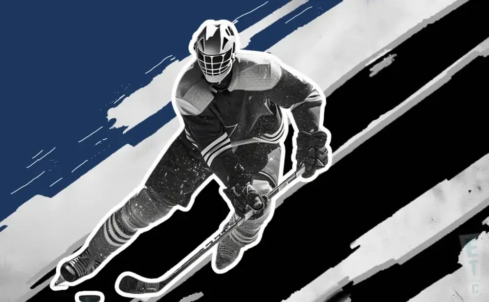 A black and white image of a hockey player in motion against a blue and black abstract background.