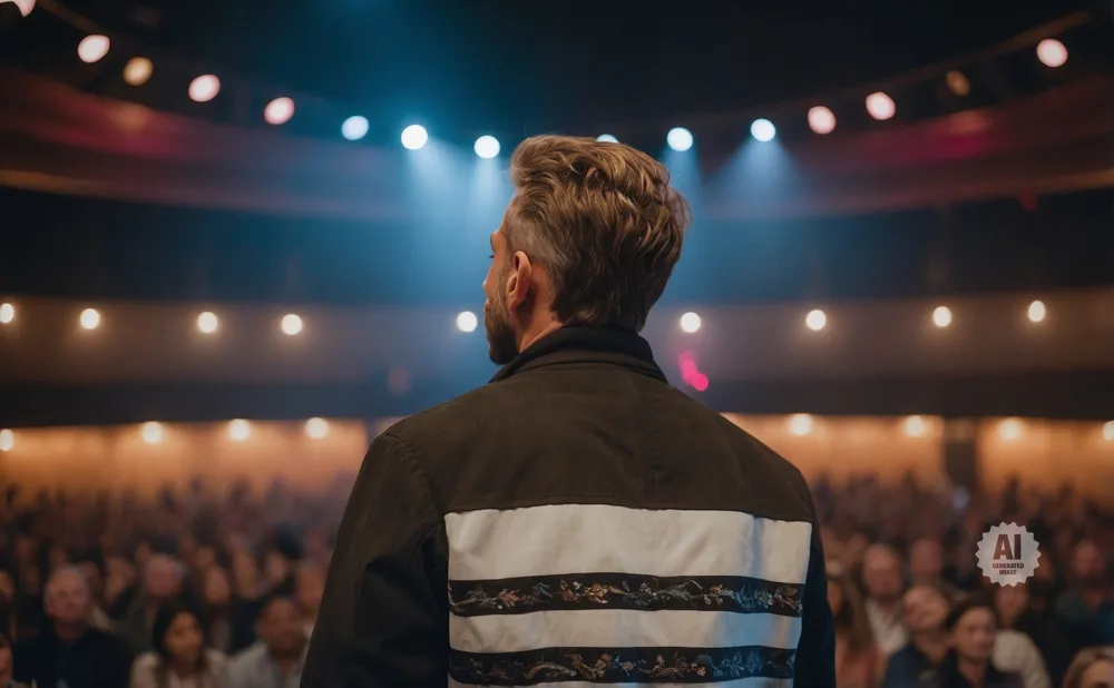 Man on stage facing audience, wearing a jacket with white and dark stripes.