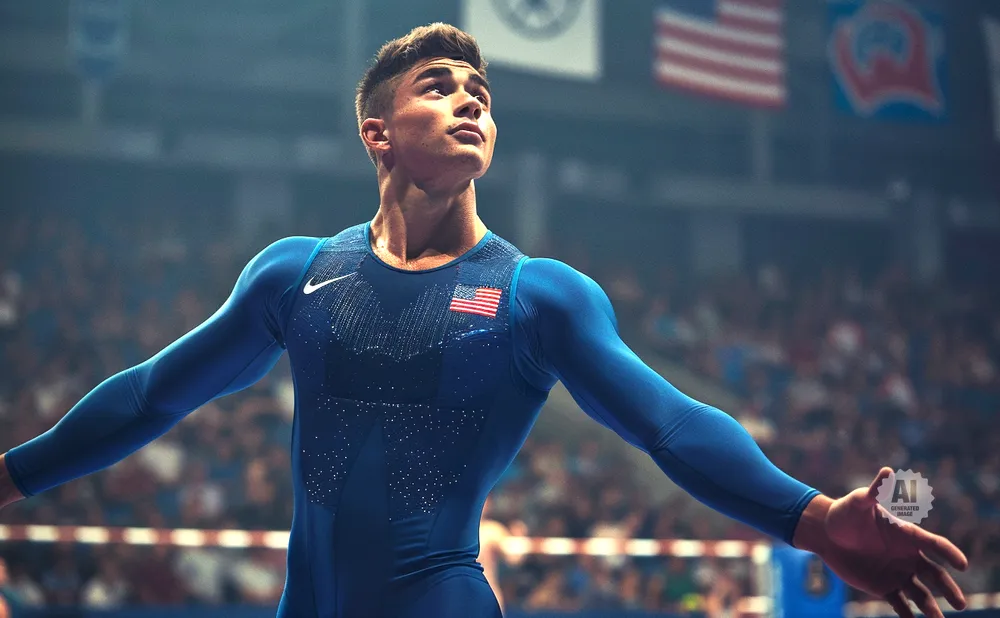 Male gymnast in a blue USA leotard with arms outstretched, looking up.