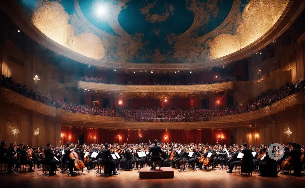 Orchestra performs in a grand concert hall with an audience in ornate balconies.