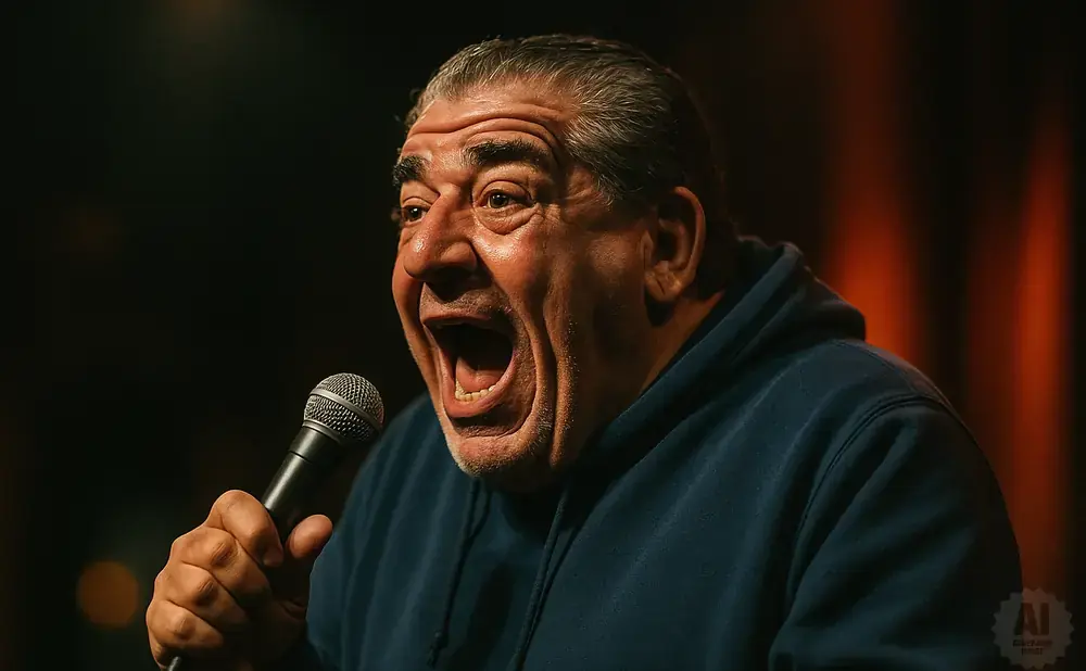 A man in a blue hoodie holds a microphone and shouts with his mouth wide open.