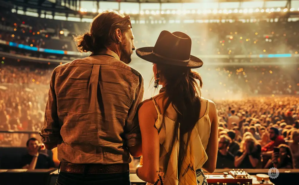 Couple at concert, viewed from behind, with a large crowd and bright stage lights.