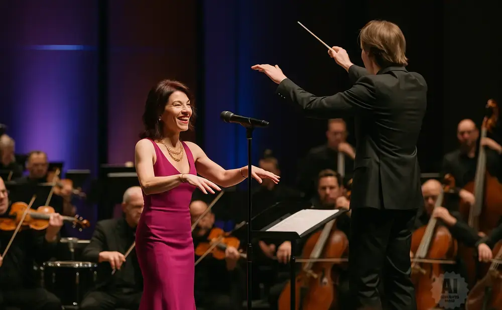 A female opera singer in a pink dress sings at a microphone while a conductor directs an orchestra.