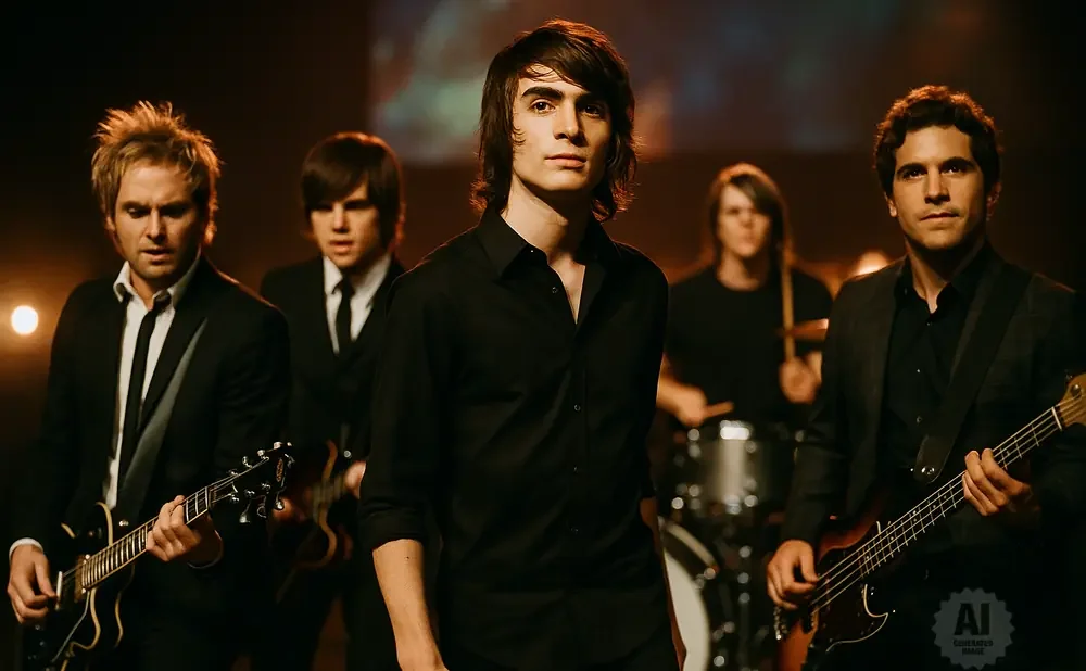 A band of five young men in black suits and shirts perform on stage.