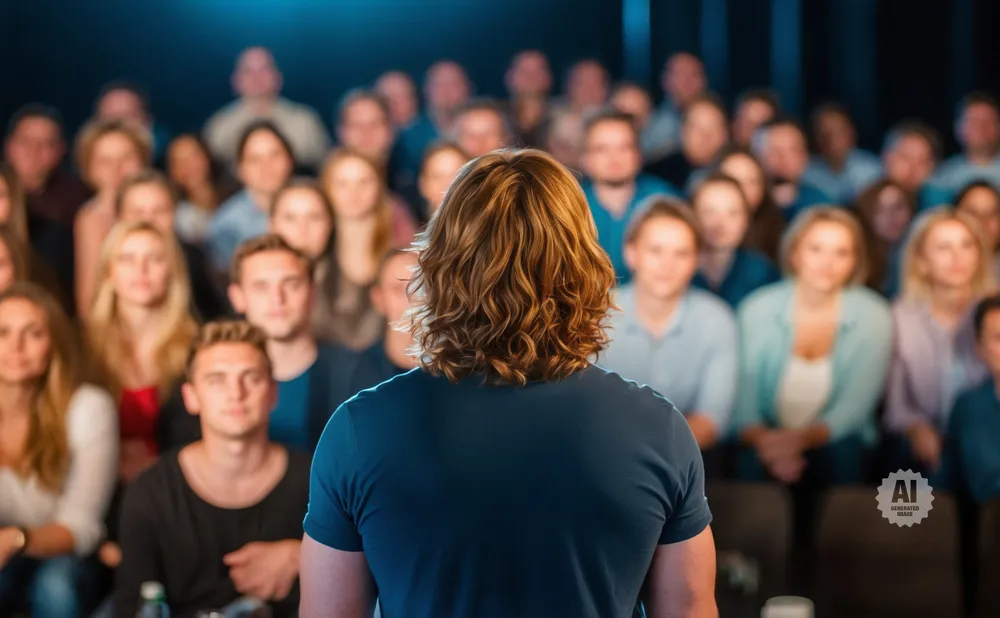 Man with long hair addressing a blurred audience from behind.