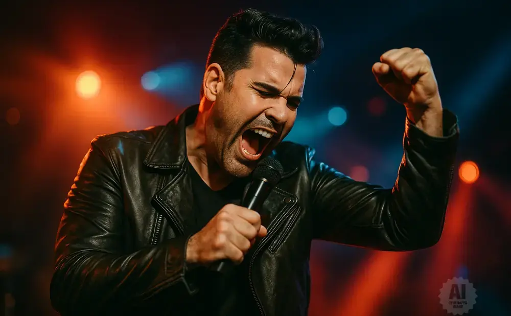A man in a black leather jacket sings passionately into a microphone with his fist raised in triumph.