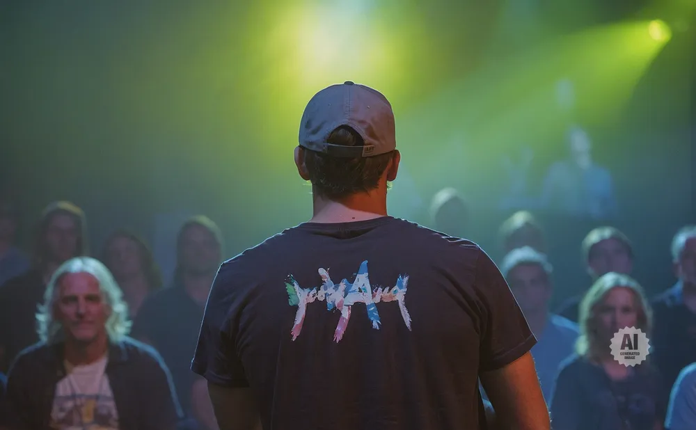 Man in a cap and t-shirt with a colorful design faces away from the camera, with an audience behind him lit by yellow spotlights.