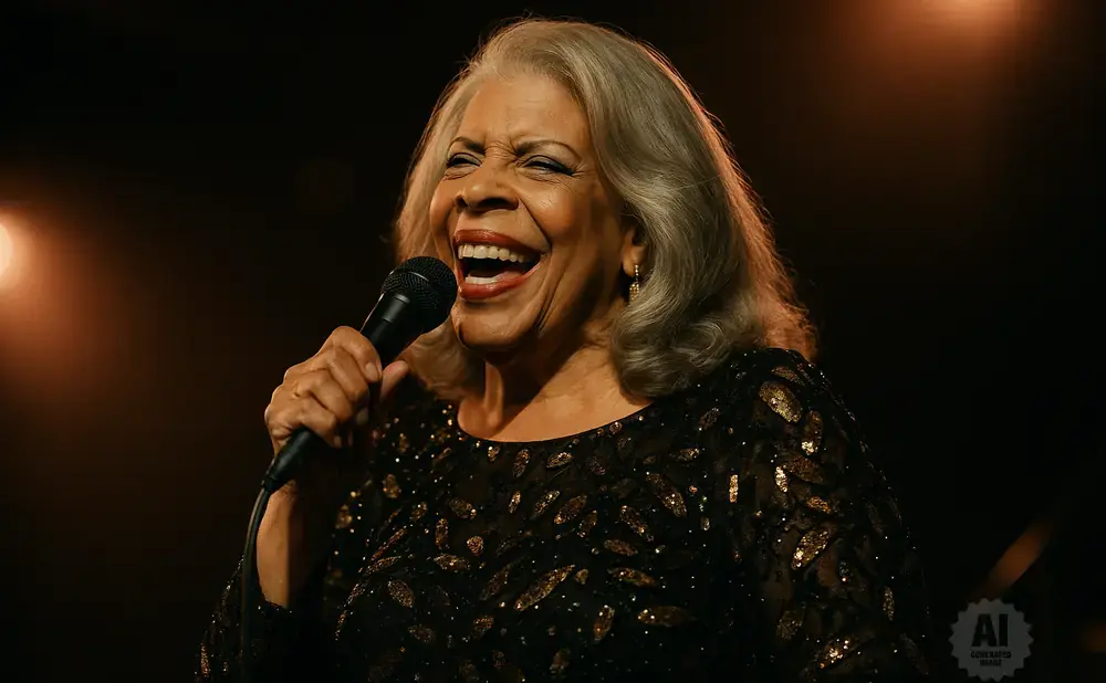 Singer with gray hair and a sequined dress laughs into a microphone.
