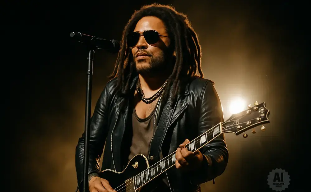 Lenny Kravitz plays guitar and sings into a microphone on a dimly lit stage.